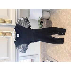 Baby Girl Black Ribbed Romper with Sheer Puff Sleeves 3-6M